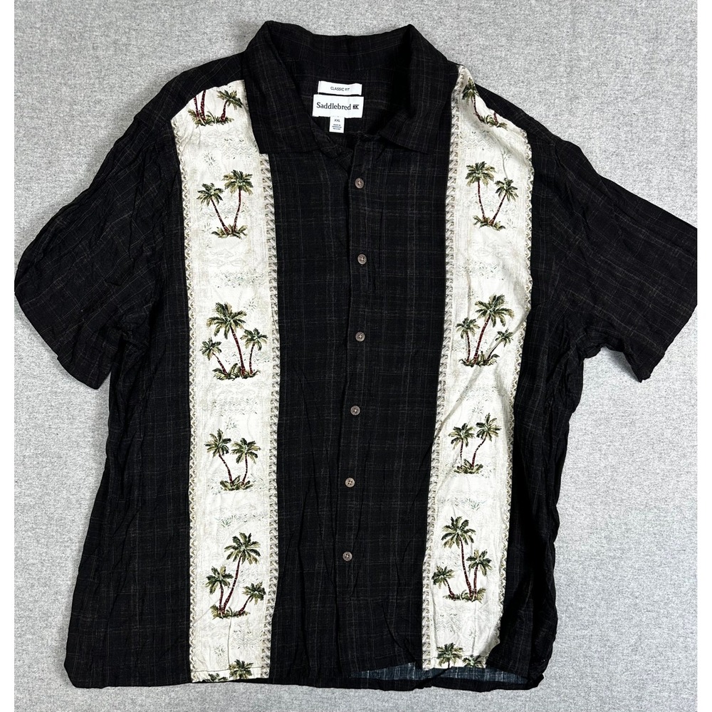 VTG Saddlebred Hawaiian Shirt Mens XXL Black Floral‎ Rayon Palm Tree Tropical